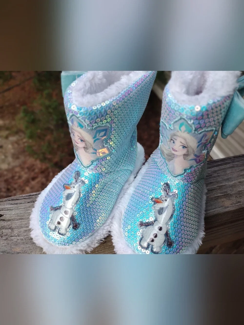 Kids Light Blue Sequin Character Plush Slipper Boot